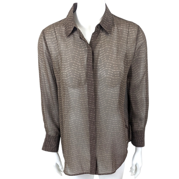 Lafayette 148 Silk Button Up Shirt NEW Womens Medium Brown Sheer Career Blouse - Picture 1 of 11